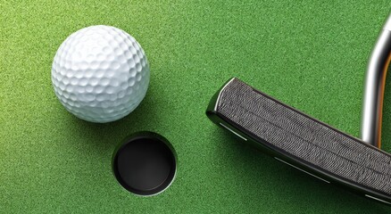 Golf ball near hole, putter poised for putt