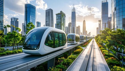 Naklejka premium Automated Transit System in Modern City at Sunset