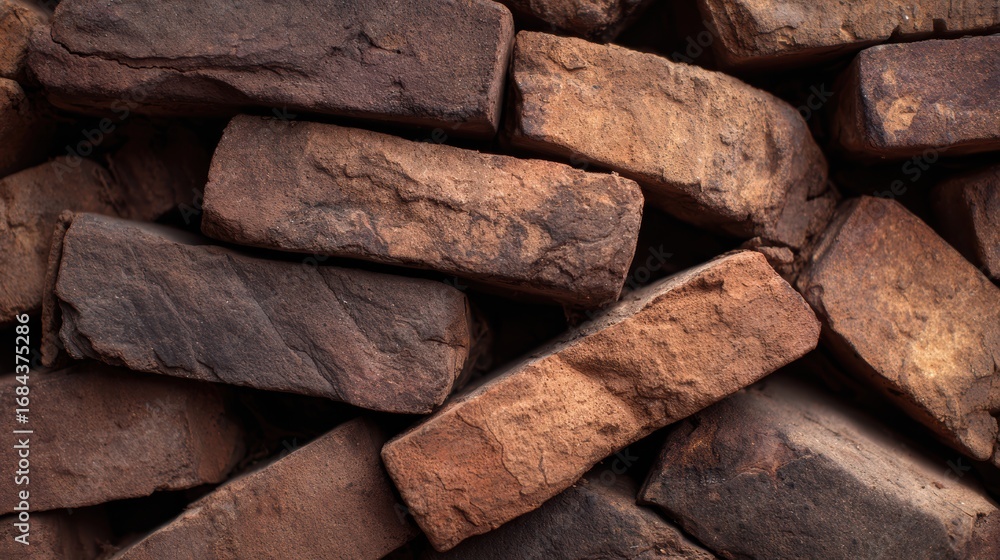 Poster a close-up view of stacked rustic bricks showcasing various textures and earthy tones in a construct