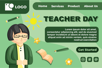 Teacher Day with Bright Cute Cartoon People, Stationery Element for Web Banner Background