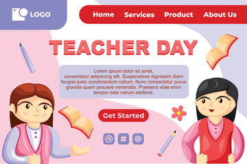 Teacher Day with Bright Cute Cartoon People, Stationery Element for Web Banner Background
