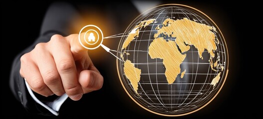 A hand points at a glowing, golden-hued world map overlaid with a house icon, suggesting global real estate
