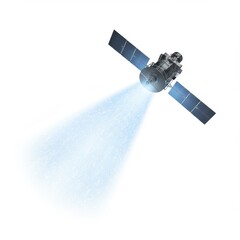 Satellite in Orbit with Thruster Emission Against White Background