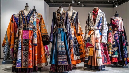 Fototapeta premium Avant-Garde Ethnic Fashion Collection Futuristic Textiles Mannequins Display