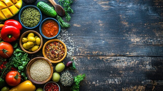 Assorted colorful spices and vegetables on dark wooden table