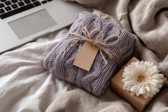 Cozy knitted gift atop bedding near laptop - Powered by Adobe