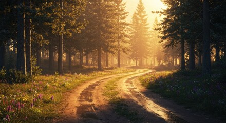Obraz premium Winding Forest Road at Sunrise: Golden Light and Serene Landscape
