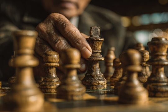 Close-up of an elderly person's hand moving a chess king