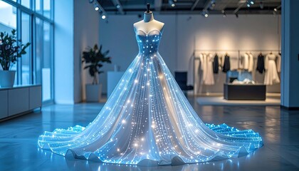 Blue and White Illuminated Gown on Mannequin in Modern Showroom
