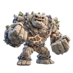 A powerful stone golem character with glowing cracks and heavy chains creature