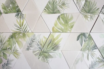 Watercolor tropical leaf pattern on triangular tiles
