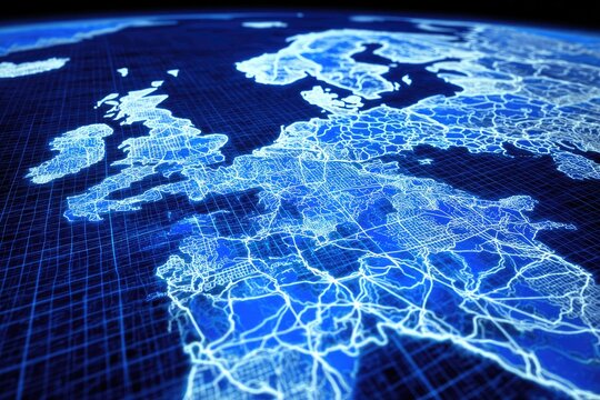 Glowing network map of Europe, digital grid overlay