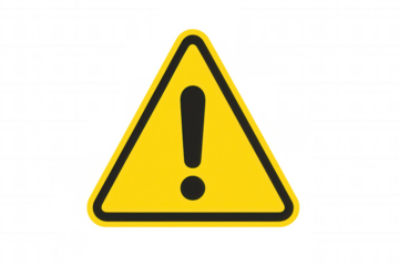 Warning yellow triangular sign featuring black exclamation mark, signaling potential danger against transparent backdrop