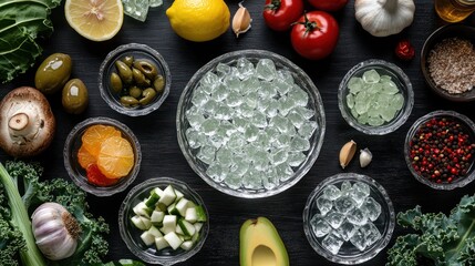Fresh ingredients, ice cubes, and culinary prep on a dark surface. Possible use Stock photo for food magazine or website