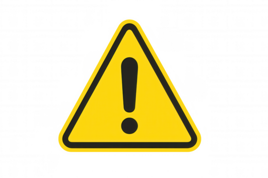 Warning yellow triangular sign featuring black exclamation mark, signaling potential danger against transparent backdrop