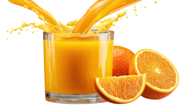 An orange is being poured into a glass of orange juice isolated on a white background