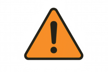 Warning triangle sign displaying bright orange color, bold exclamation mark signaling potential hazard against transparent backdrop