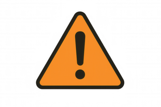 Warning triangle sign displaying bright orange color, bold exclamation mark signaling potential hazard against transparent backdrop