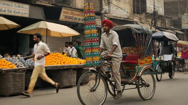 Vibrant market scene with rickshaw in motion