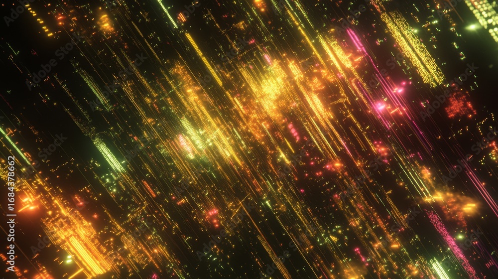 Poster data streams flowing through a deep cyberspace visualizing information in a neon environment with a 