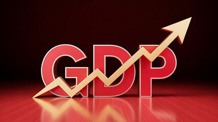 Red 3d gdp letters with an upward trend arrow symbolizing economic growth and financial success