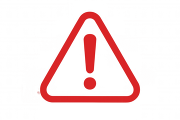 Red warning sign with exclamation mark on transparent background, conveying caution, risk, and potential danger