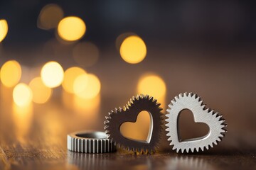 Two metal heart gears on wood, bokeh lights