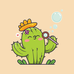 Cute Cactus Blowing Bubbles with a Flower Hat and Winking. vector illustration