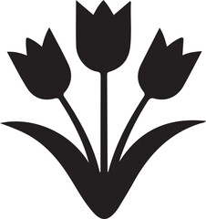 Black Tulip Silhouette Illustration. Three Elegant Flower Icons on White Background.
