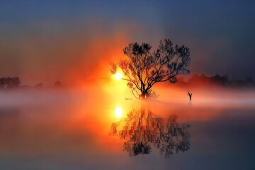 Obraz premium Misty sunrise over still water, reflecting a lone tree