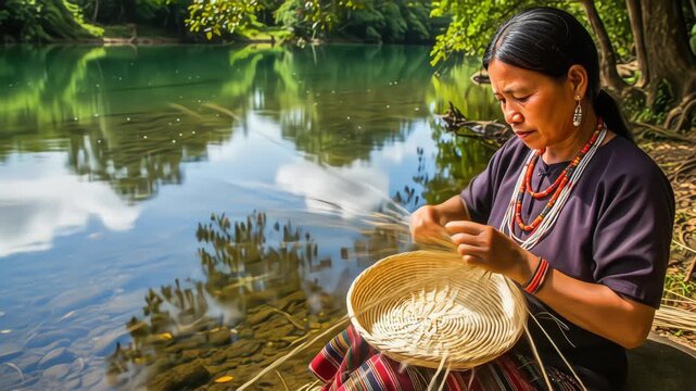 An indigenous woman in traditional attire weaves a basket by a serene river, her hands skillfully crafting with natural fibers