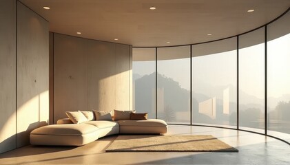 Contemporary living room with a curved sofa and floor to ceiling window with stunning view.