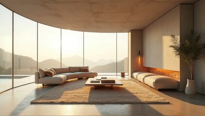 Luxurious living room with curved sofa and panoramic window overlooking a beautiful sunset landscape.