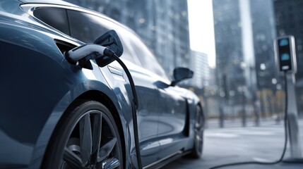 Electric car plugged into charging station on a city street