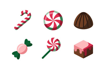 Candy and sweet icons with confectionery design, lollipop and wrapped candy illustration, chocolate bonbon and truffle graphics, festive candy vector set
