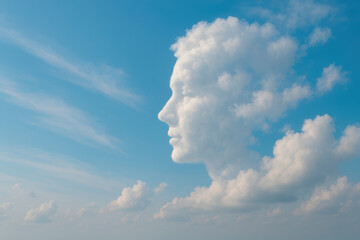 A cloud in the shape of a human face in a blue sky. Space for text.