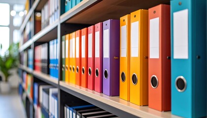 Colorful file folders neatly arranged on office shelves, showcasing a vibrant organizational system.