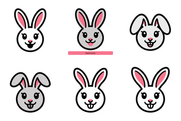 Cartoon bunny emoticon icons with playful design, rabbit face and wink illustration, sticker style and pet character graphics, whimsical animal vector set