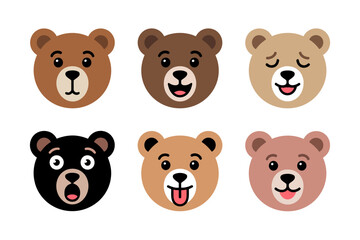 Funny bear faces illustration with cartoon animal design, adorable teddy head and playful graphics, wildlife vector set