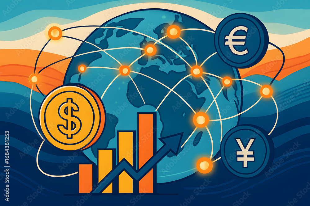 Poster global finance: a dynamic visual of a world map entwined with currency symbols, showcasing internati