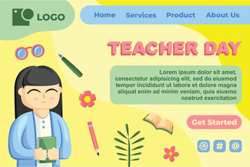 Teacher Day with Bright Cute Cartoon People, Stationery Element for Web Banner Background