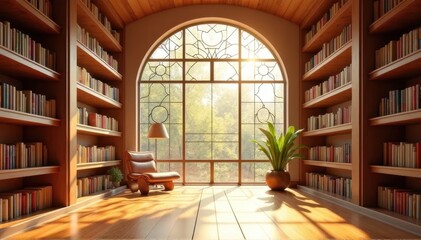 A cozy home library with a reading chair and an arched window.
