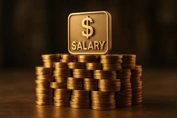 Salary Stack: A symbolic representation of financial gain, featuring stacks of gold coins topped with a golden salary icon, exuding prosperity and wealth.