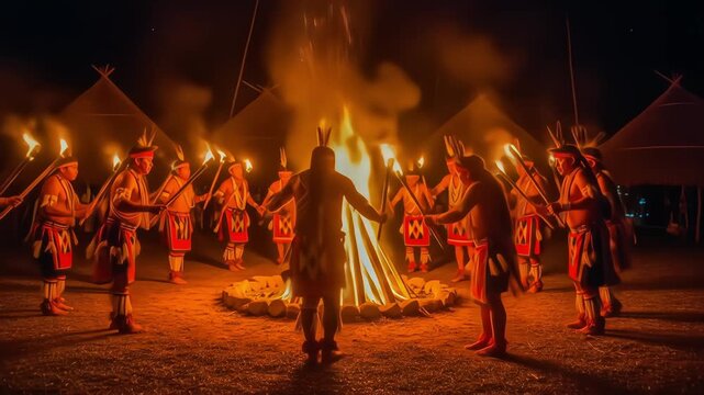 A tribe performs a sacred night ritual with flaming torches, circling a large bonfire in their traditional village