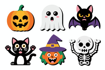 Fototapeta premium Cute halloween characters, cartoon pumpkin ghost bat cat witch skeleton illustration, spooky holiday vector collection
