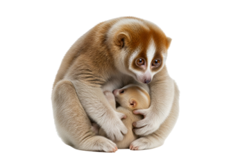 A loving, light-brown lemur gently cradles its young, creating a tender and intimate moment.