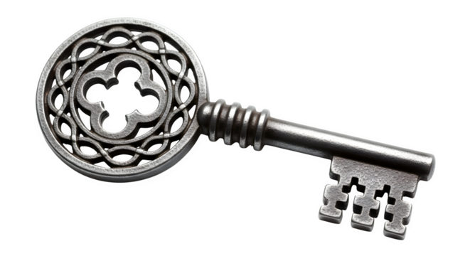 Antique key isolated on transparent background, a symbol of mystery, access, and security, perfect for historical themes or unlocking new opportunities