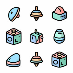 Colorful Cartoon Childrens Toys: Spinning Tops, Cubes, and Wobblers; Playful, Fun Design.