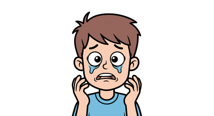 Fototapeta premium Cartoon illustration of a sad boy crying, hands raised in despair.