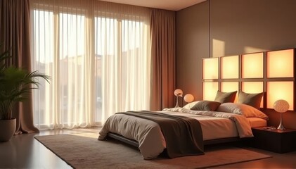 A warm and inviting bedroom with large curtains and a unique lighted headboard.